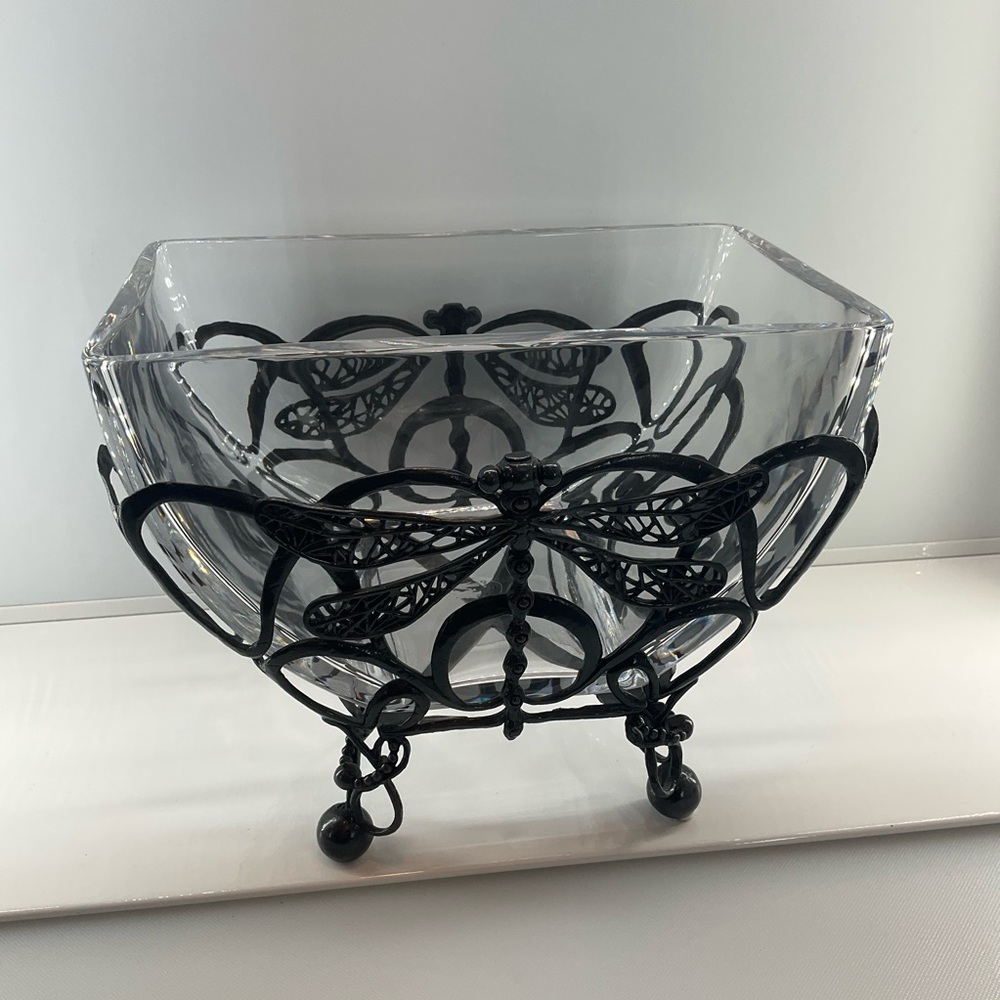 CASTILIAN Poland Crystal Bowl & Dragonfly Hefty Centerpiece 2 Pieces RARE! - Picture 2 of 14